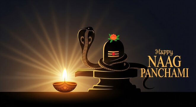 Minimal Naag Panchami Poster &ndash; Snake Around Shivling with Diya Glow