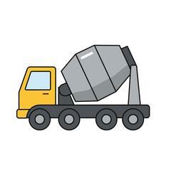 Fototapeta premium A vibrant cartoon illustration showcases a yellow cement mixer truck with a large grey drum, isolated on a clean white background.