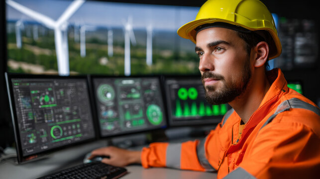 Technician monitoring wind energy output with multiple screens, wearing safety gear and helmet, focused expression