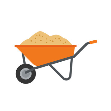 An orange wheelbarrow filled with golden sand, depicted in a clean flat design style and isolated on a pristine white background.