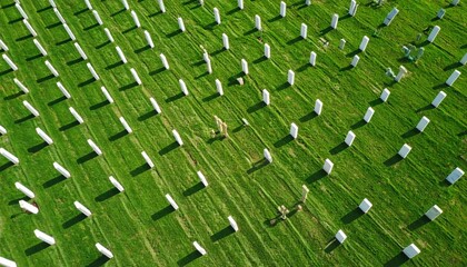 Drone shot of a military cemetery showing neatly aligned white headstones casting long shadows on freshly mowed green grass.