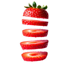 Vibrant red strawberry slices suspended in mid air
