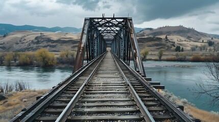 A steel truss bridge spanning a wide river. The tracks vanish into the distant hills.