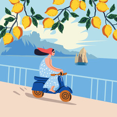 Vector illustration of a stylish girl on a scooter by the sea, surrounded by lemons. Italian summer vibe in Dolce Vita style. Perfect for travel designs, posters, and vacation-themed projects. © Loya.art