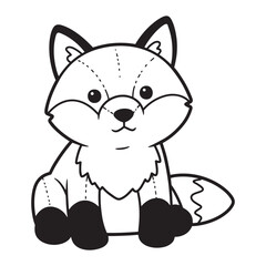 Cute cartoon fox sitting facing forward black and white animal illustration