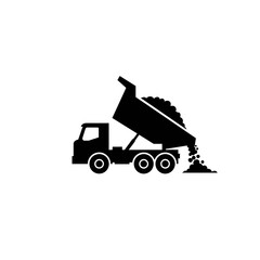 Fototapeta premium A black silhouette icon of a heavy-duty dump truck actively unloading a pile of material, perfect for construction industry graphics.