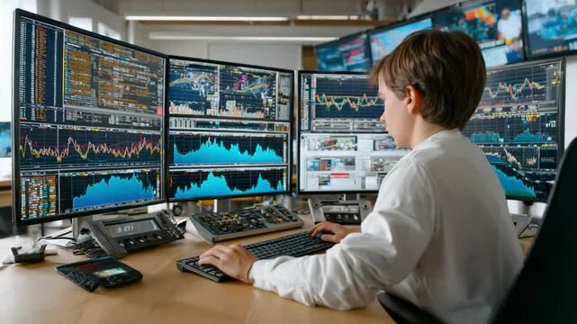 Young Visionary at the Trading Desk: A young individual immersed in the world of finance, analyzing real-time market data on a multi-monitor setup.