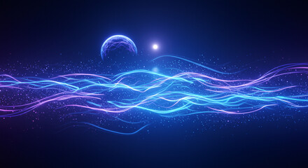 Abstract Cosmic Waves with Planets. A captivating, futuristic abstract image showcasing swirling, luminous blue and purple energy waves that undulate across a dark cosmic background.