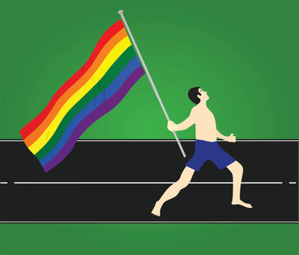 Man holding lgbt flag. vector