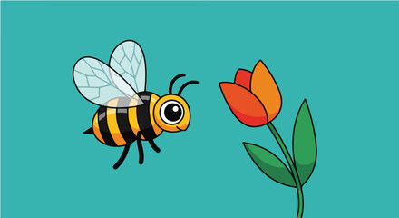 Buzzing Bee Pollinating a Vibrant Flower in Colorful Garden — Nature Illustration