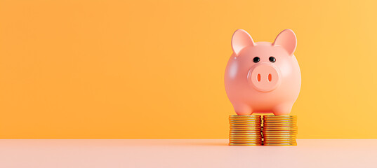 Pink piggy bank gold coins saving finance investment growth orange background