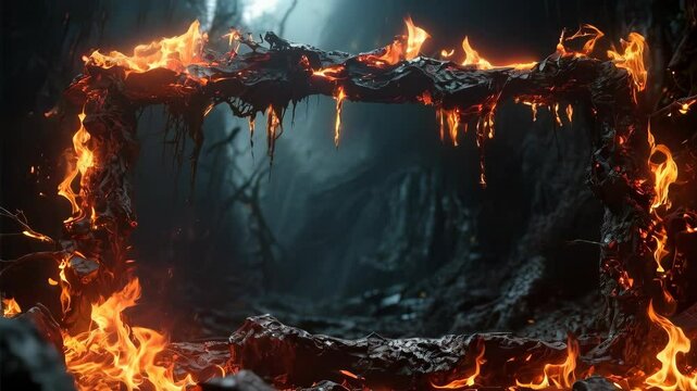 Dark forest portal with burning frame creates a mysterious gateway to another world in a cinematic fantasy style.