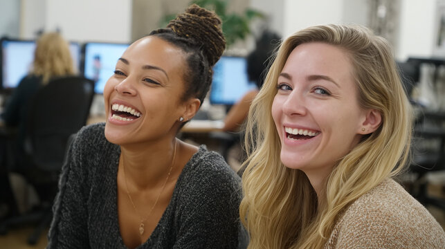 Two female colleagues laughing together in a friendly office setting