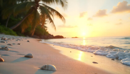 HD photography of a pristine tropical beach at sunrise, soft golden light illuminating gentle ocean waves, clean white sand, scattered seashells, and palm trees swaying in the breeze. The scene is tra