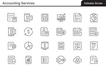 Editable thin line vector icons collection for Accounting Services themes. Simple-to-edit vector lines for easy use