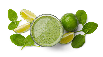 Tasty spinach smoothie and ingredients isolated on white, top view