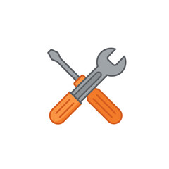A colorful flat design illustration of a crossed screwdriver and wrench, symbolizing repair, maintenance, or technical settings on a clean white background.