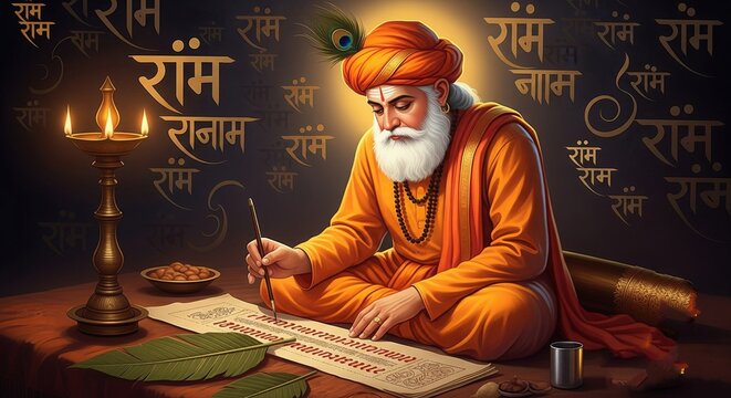 Tulsidas Writing Ramcharitmanas &ndash; Traditional Devotional Art