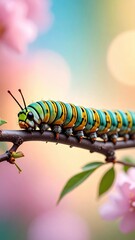 Naklejka premium Vivid macro of a striped caterpillar on a thin branch, set against pastel floral bokeh and soft springtime lighting.