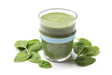 Tasty smoothie and spinach leaves isolated on white