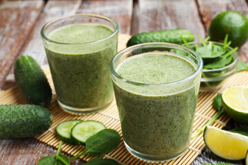 Tasty spinach smoothie and ingredients on wooden table, closeup
