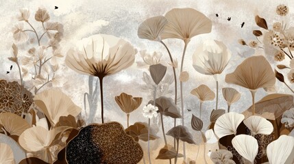 An artistic abstract background featuring stylized floral elements in a Champagne color scheme
