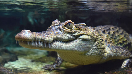 Obraz premium Underwater view of a crocodile swimming close to the camera with sharp teeth visible, captured in high detail showcasing its rough scales and alert expression.