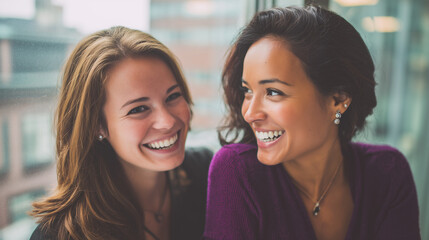 Two young women smiling and laughing together in an office setting