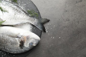Organic seafood. Fresh raw dorado fish, salt and dill on grey table, flat lay. Space for text