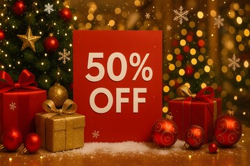 Festive Christmas scene with a bold red 50% off sign surrounded by glowing tree lights, ornaments, snowflakes, and wrapped gift boxes.
