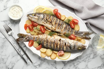 Tasty roasted seabass fish served with potatoes, tomatoes, sauce and lemon on white marble table, flat lay. Homemade seafood dish