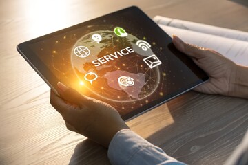A person touches a tablet displaying service with a globe and communication icons, symbolizing global technological services and online connectivity