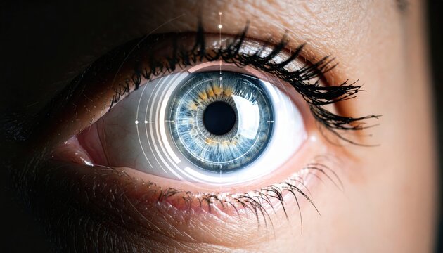 Close-up of a blue human eye enhanced with a glowing digital HUD interface, symbolizing biometrics, scanning, and future technology.