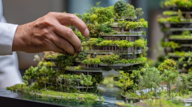 Architects working on sustainable green city project model with plants