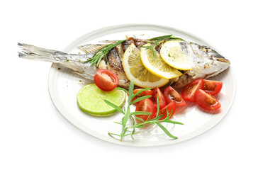 Tasty roasted dorado fish with sauce, tomatoes and lemon isolated on white. Homemade seafood dish