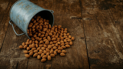 Fresh almonds spilling from a rustic metal bucket onto a textured wooden surface create a natural food scene.