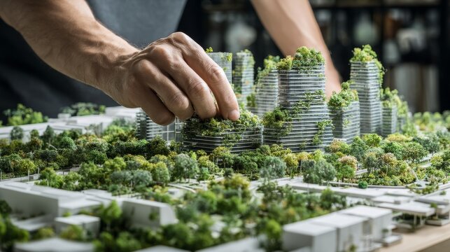 Architects working on sustainable green city project model with plants - Powered by Adobe