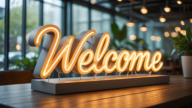 Photo of a glowing welcome sign illuminates a modern office space