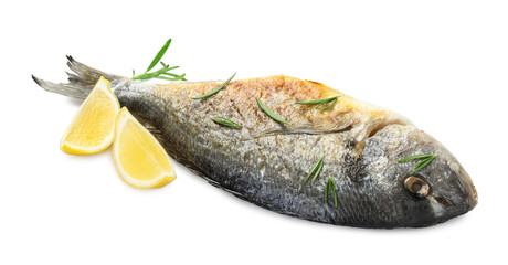 Tasty roasted dorado fish with spices isolated on white. Homemade seafood dish