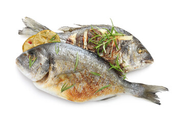 Tasty roasted dorado fish with spices isolated on white, top view. Homemade seafood dish