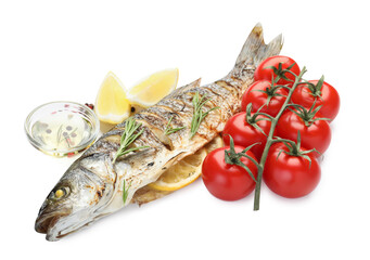 Tasty roasted seabass fish with spices and tomatoes isolated on white. Homemade seafood dish