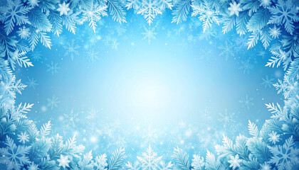 Winter background with symmetrical snowflake border and clean blue space in center, creating calm and festive atmosphere for seasonal design or greeting card