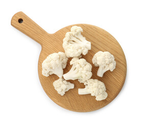Fresh raw cauliflower florets isolated on white, top view