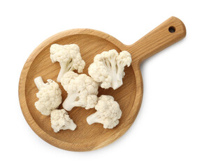 Fresh raw cauliflower florets isolated on white, top view