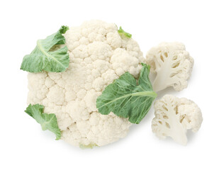 One fresh cauliflower head and pieces of florets isolated on white, top view