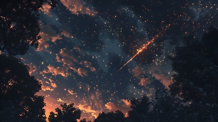 Embers floating in the night sky, leaving trails of warm light.