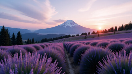 Lavender Field at Sunset with Majestic Mountain, Serene Landscape, Peaceful Meadow