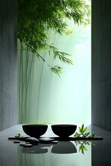 Tranquil bamboo forest view, zen bowls