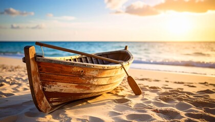  Una escena tranquila de una barca de madera varada en una playa de arena durante el atardecer. © Aromas