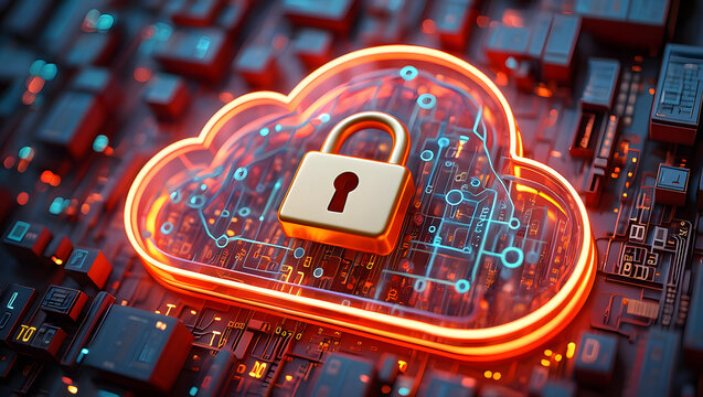 Secure cloud computing infrastructure with padlock icon on circuit board for data protection and cybersecurity concept